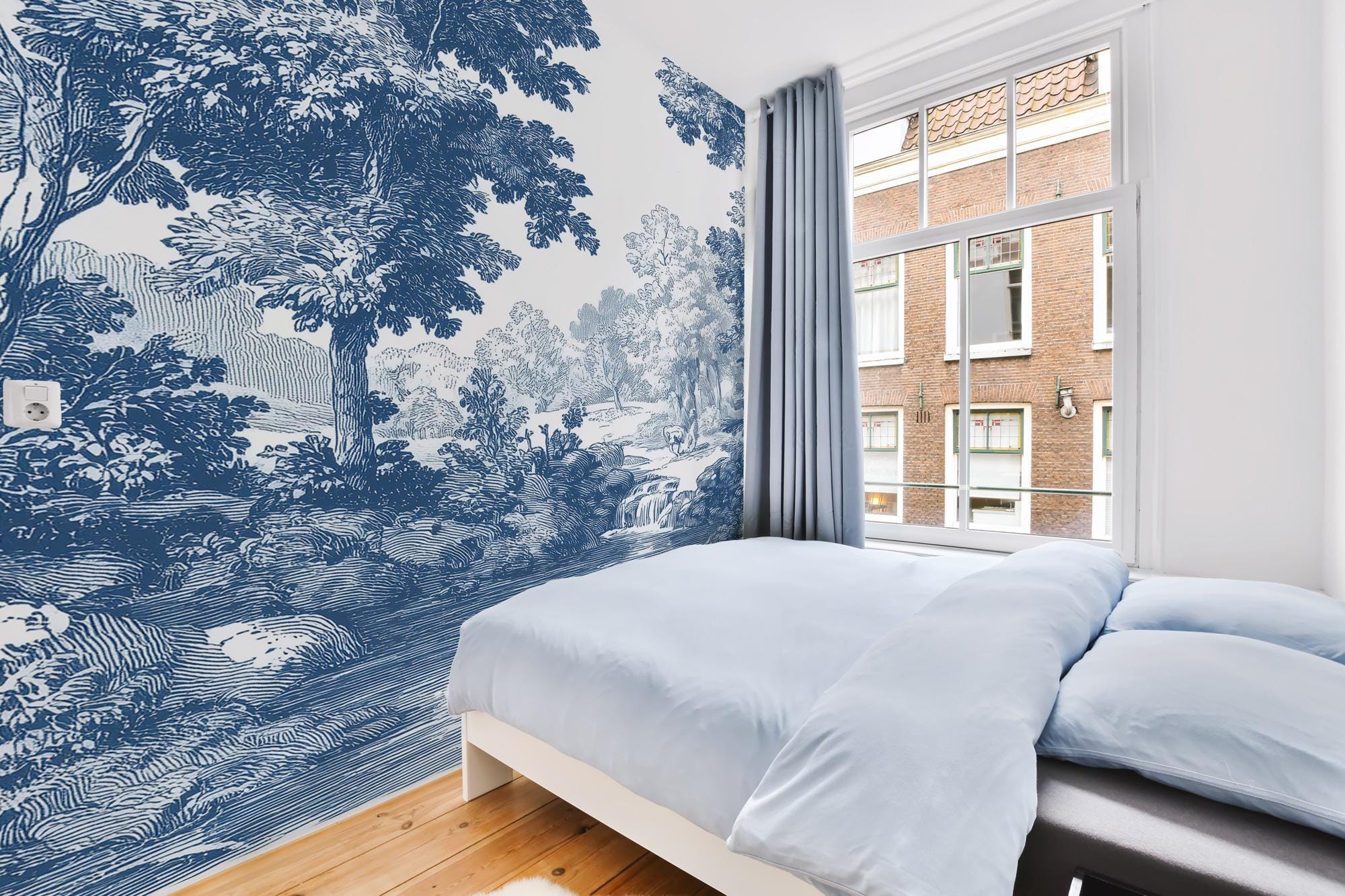 Blue Toile de Jouy Wallpaper Mural: Vintage Pastoral Scene, Custom Size, Peel & Stick - View 5