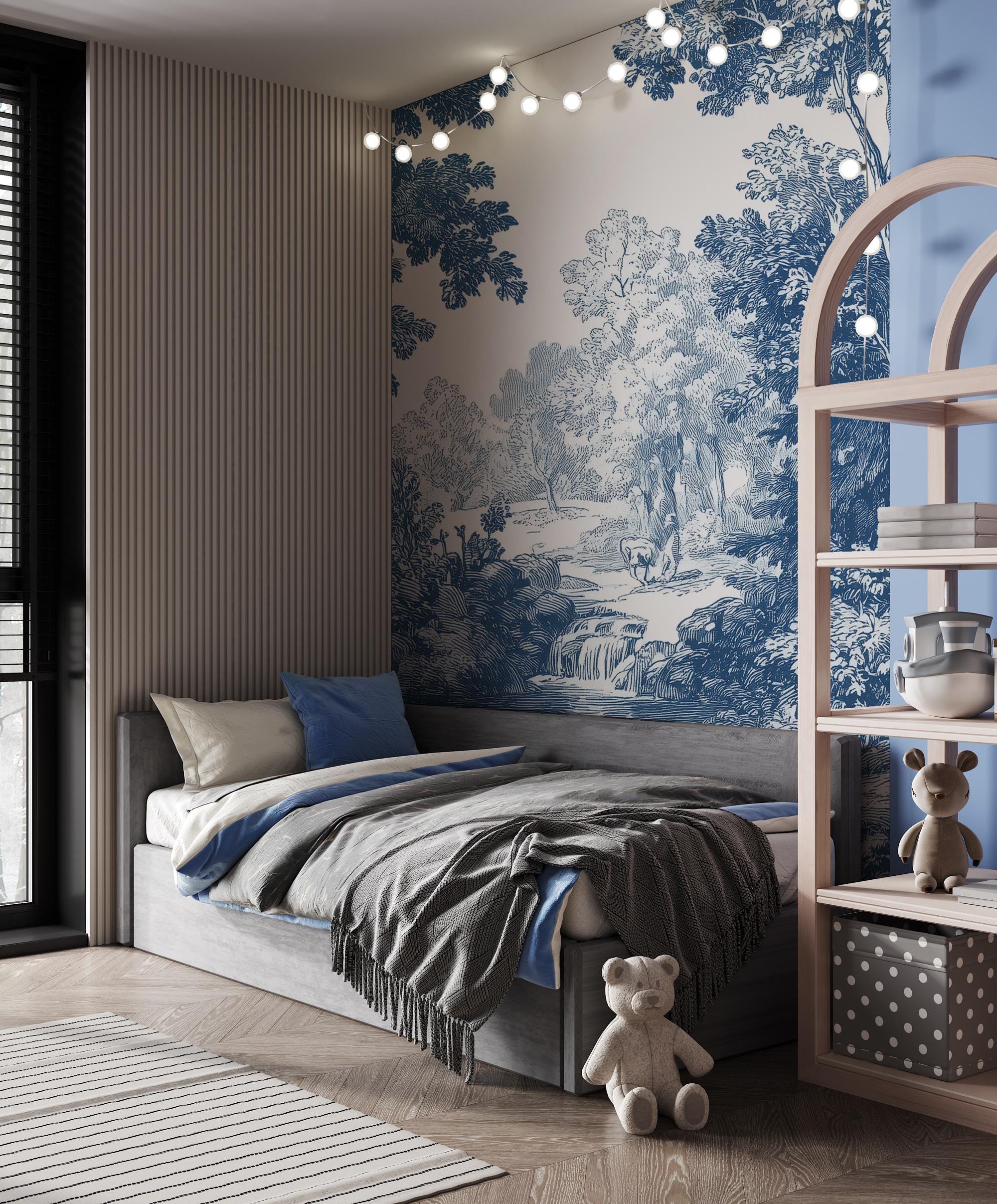 Blue Toile de Jouy Wallpaper Mural: Vintage Pastoral Scene, Custom Size, Peel & Stick - View 4