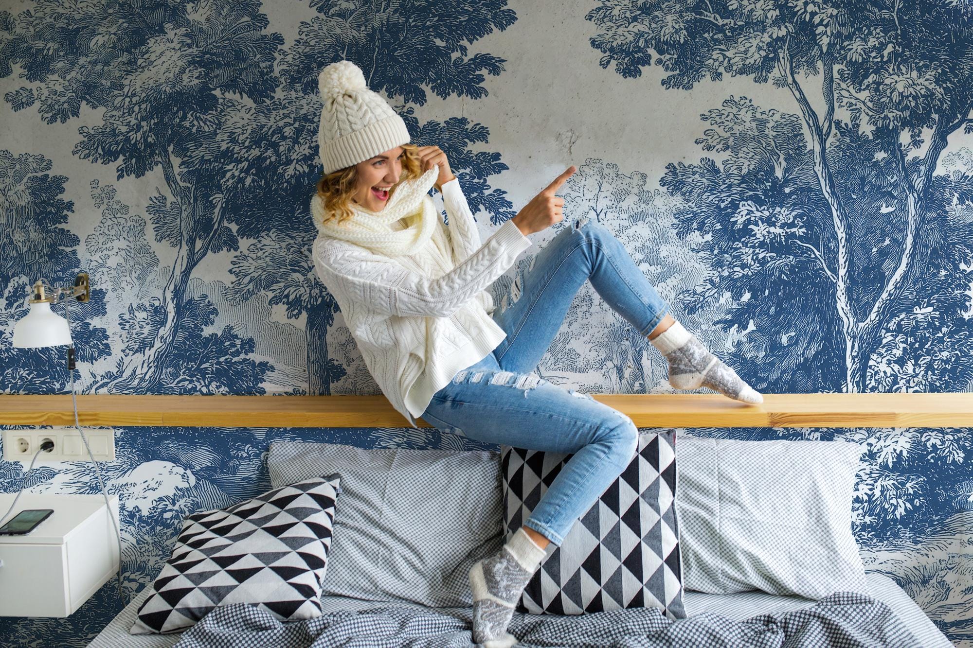 Blue Toile de Jouy Wallpaper Mural: Vintage Pastoral Scene, Custom Size, Peel & Stick