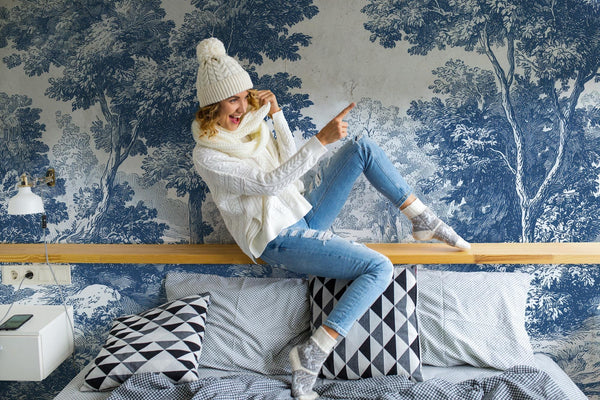 Blue Toile de Jouy Wallpaper Mural: Vintage Pastoral Scene, Custom Size, Peel & Stick