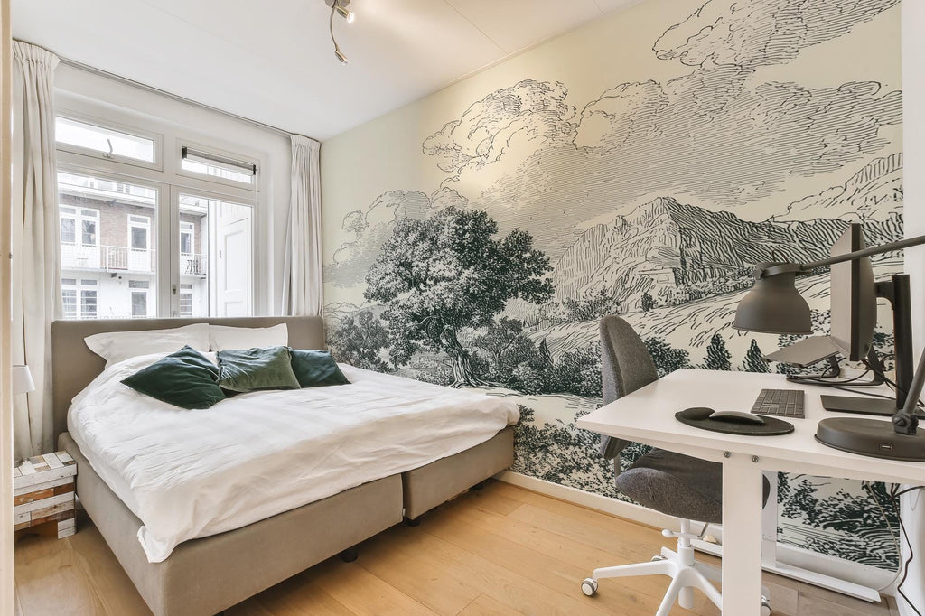 Vintage Pastoral Landscape Wallpaper, Gray Countryside Peel and Stick Wall Mural - View 3