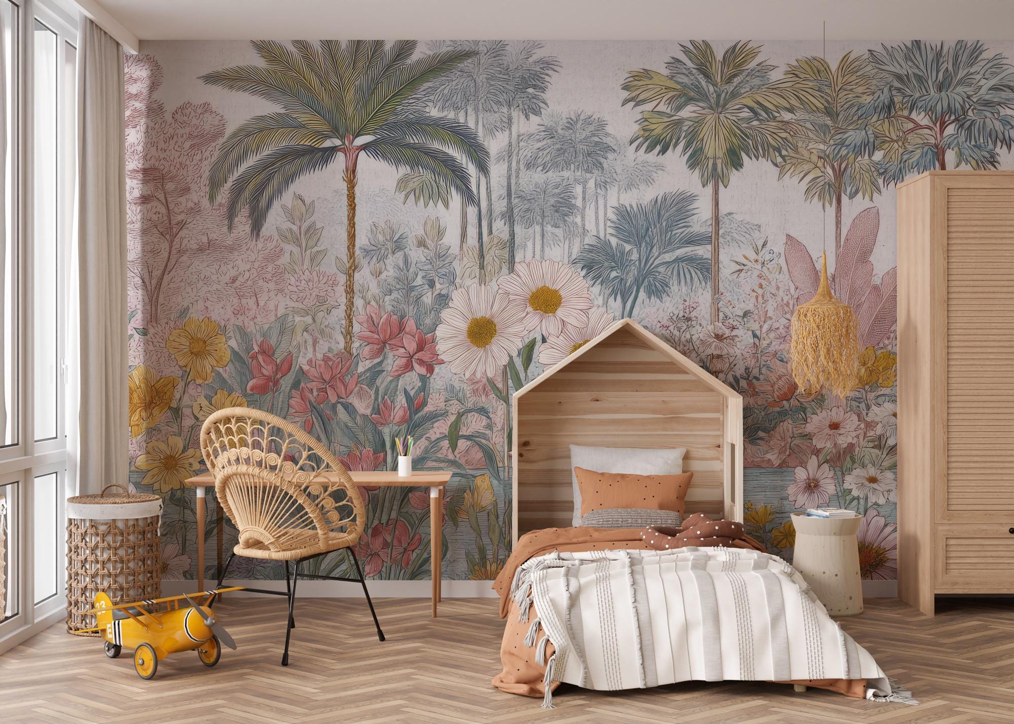 Tropical Floral Peel and Stick Wallpaper: Removable Botanical Wall Mural - View 3