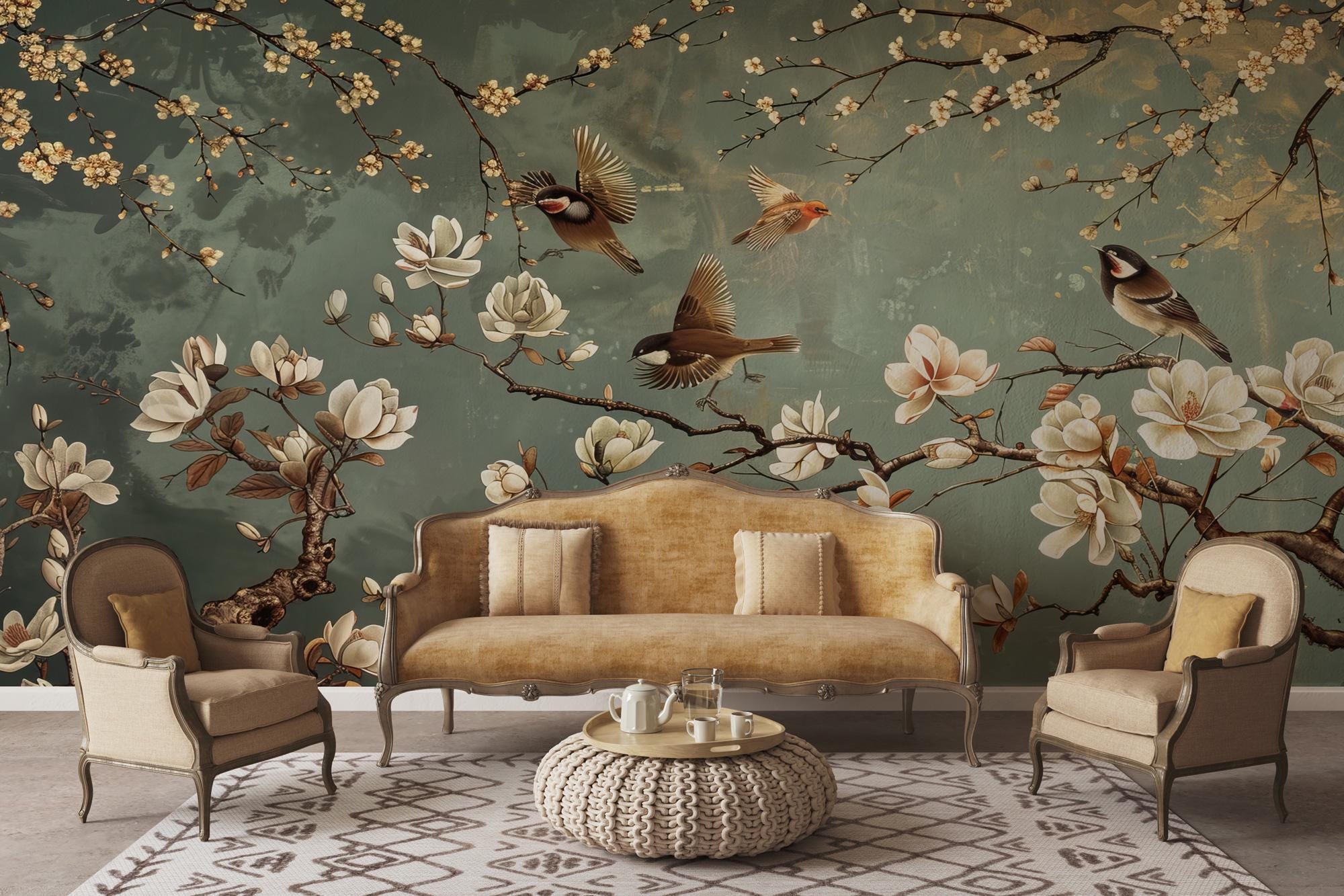 Magnolia Bird Chinoiserie Wallpaper - Botanical Green Peel and Stick Wall Mural - View 2