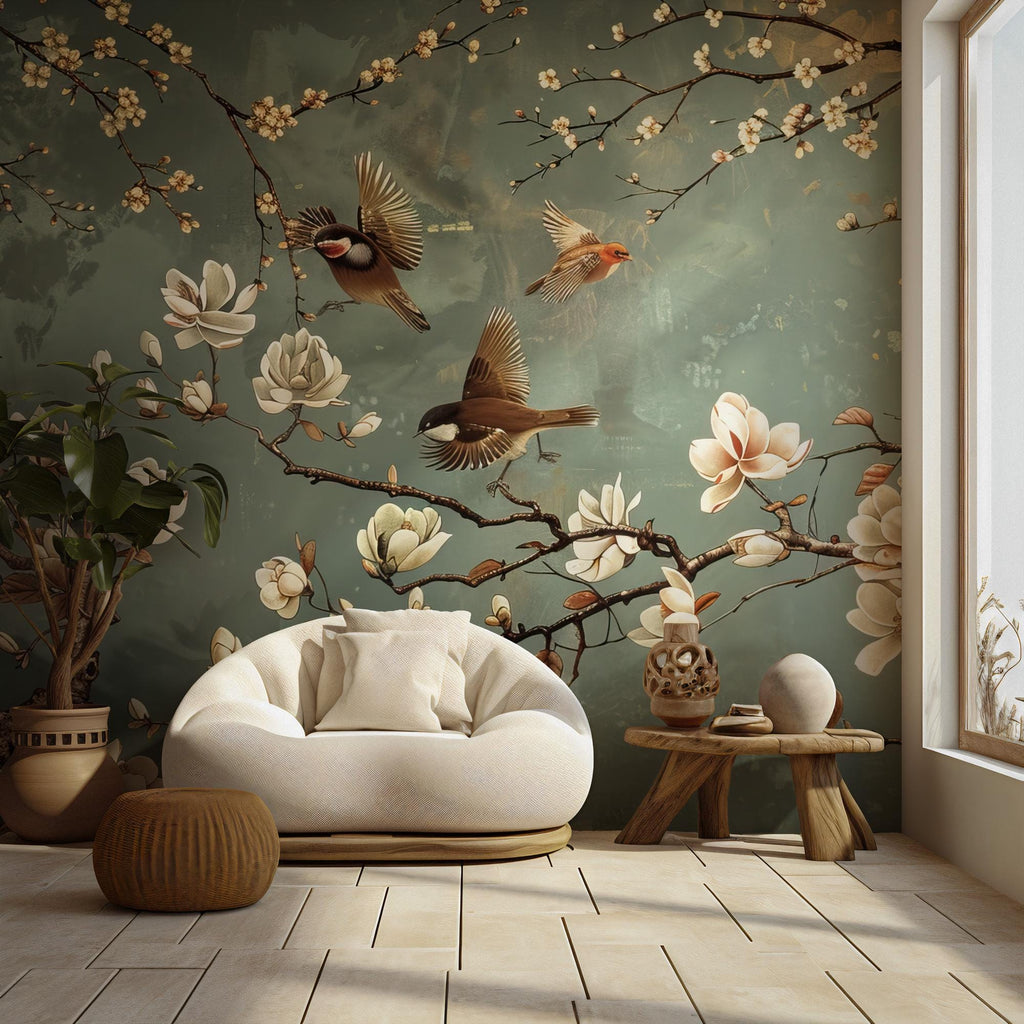 Magnolia Bird Chinoiserie Wallpaper - Botanical Green Peel and Stick Wall Mural
