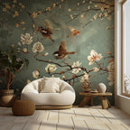 Magnolia Bird Chinoiserie Wallpaper - Botanical Green Peel and Stick Wall Mural