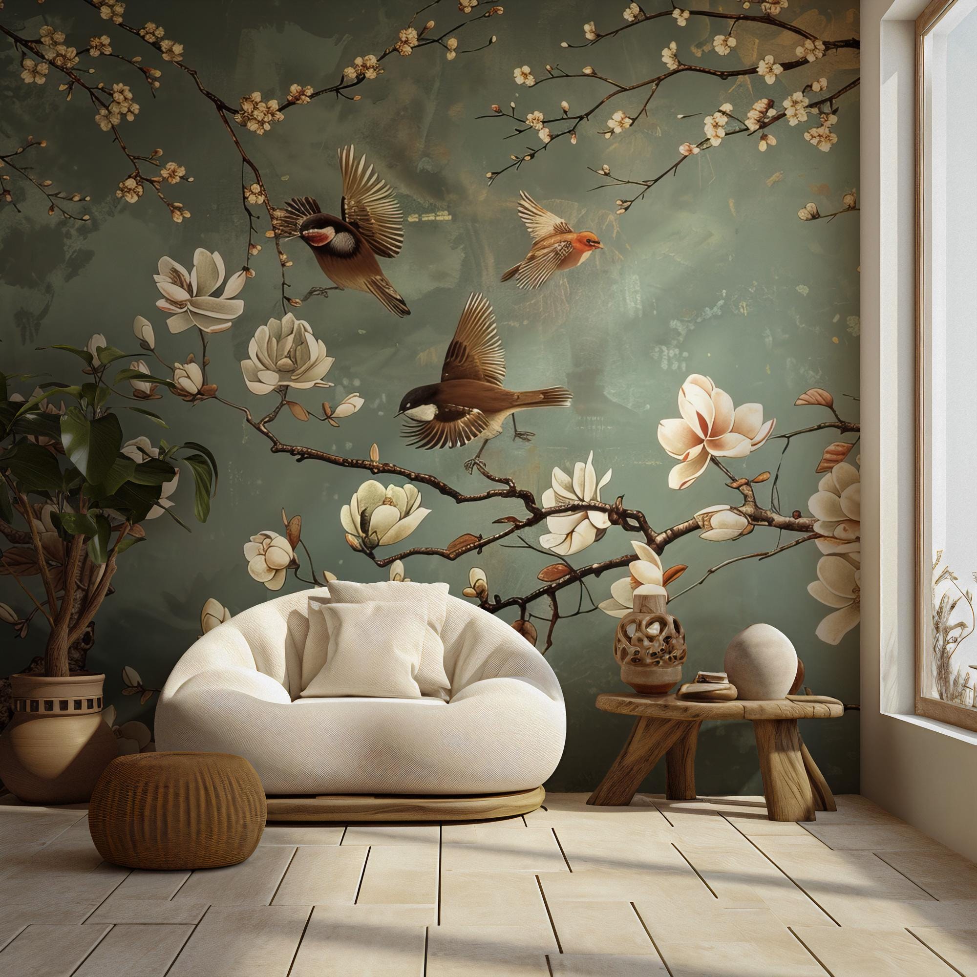 Magnolia Bird Chinoiserie Wallpaper - Botanical Green Peel and Stick Wall Mural