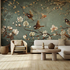 Magnolia Bird Chinoiserie Wallpaper - Botanical Green Peel and Stick Wall Mural - View 3