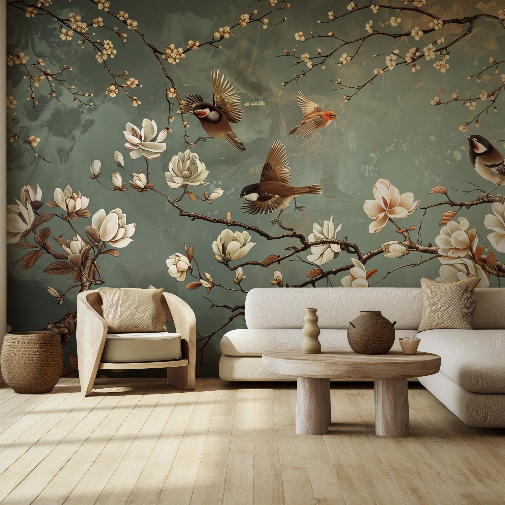 Magnolia Bird Chinoiserie Wallpaper - Botanical Green Peel and Stick Wall Mural - View 3