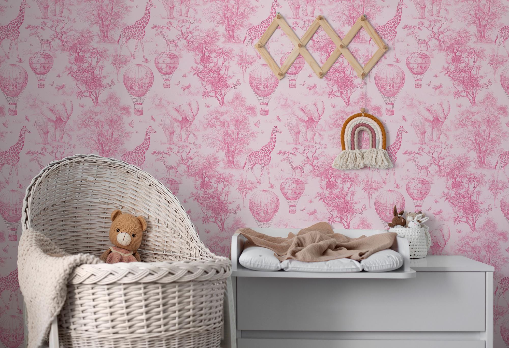 Pink Safari Nursery Wallpaper: Jungle Animals Peel and Stick Mural - View 4