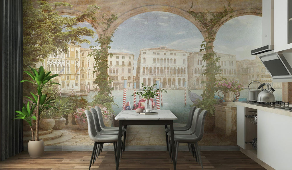 Vintage Landscape Wall Mural, Removable Italian Canal Wallpaper, Peel and Stick Wallpaper - View 4
