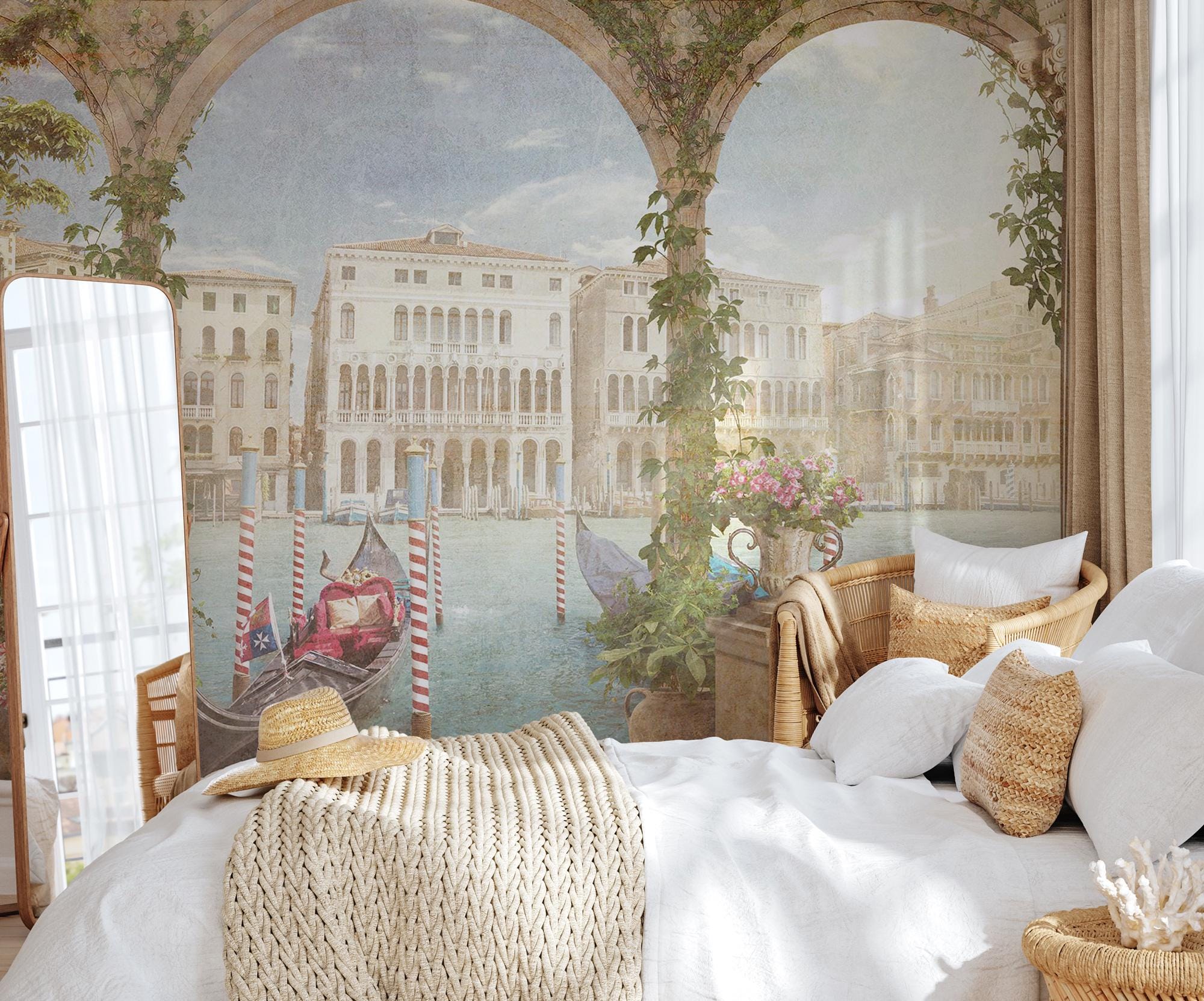 Vintage Landscape Wall Mural, Removable Italian Canal Wallpaper, Peel and Stick Wallpaper - View 2