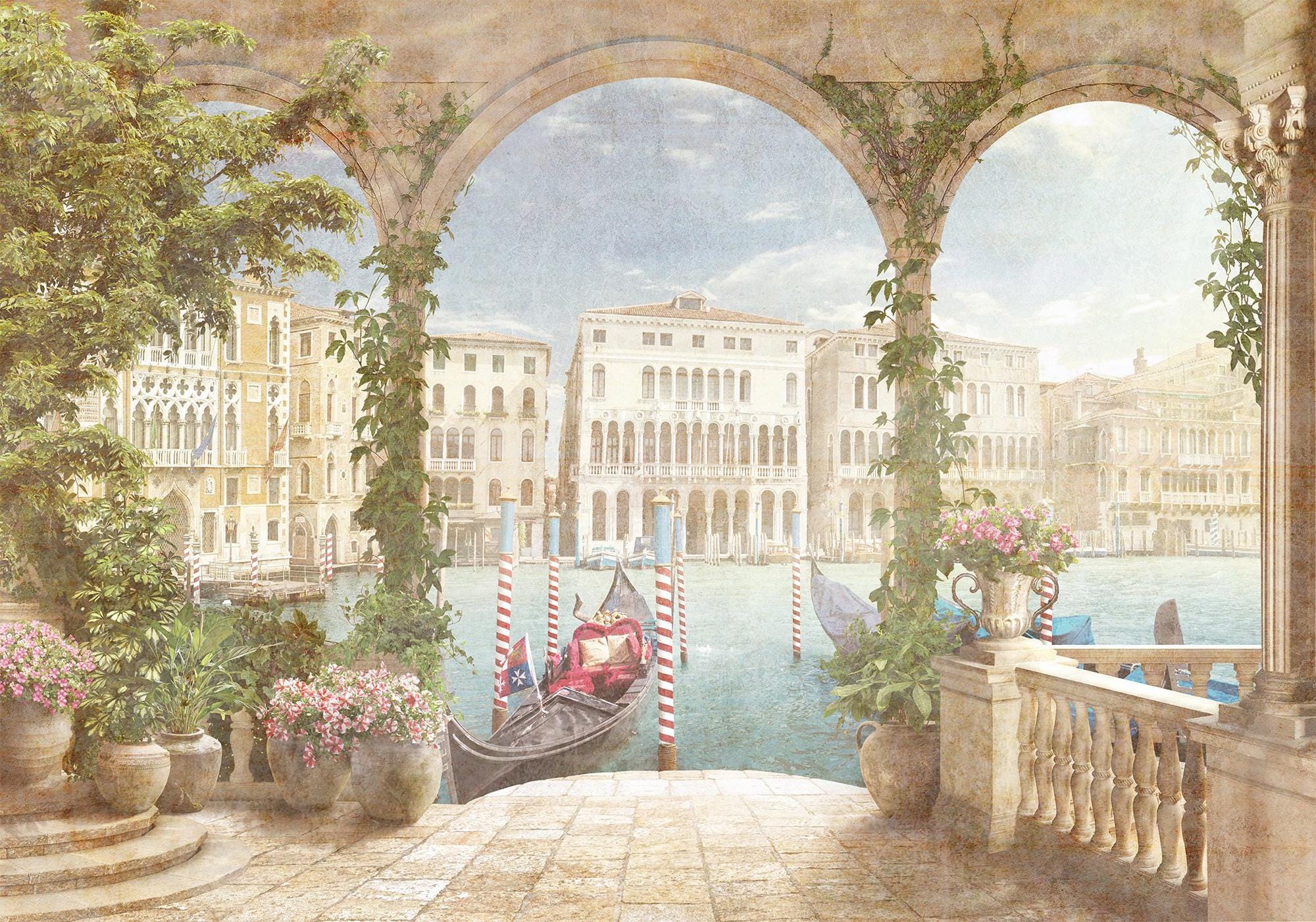 Vintage Landscape Wall Mural, Removable Italian Canal Wallpaper, Peel and Stick Wallpaper - View 5