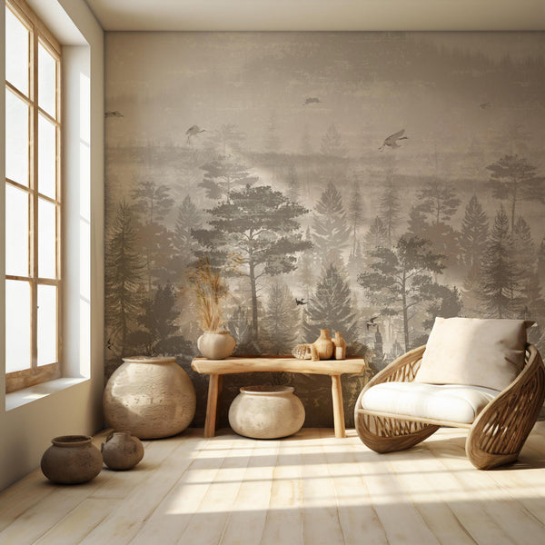 Foggy Forest Wall Mural: Vintage Tree Landscape Removable Wallpaper