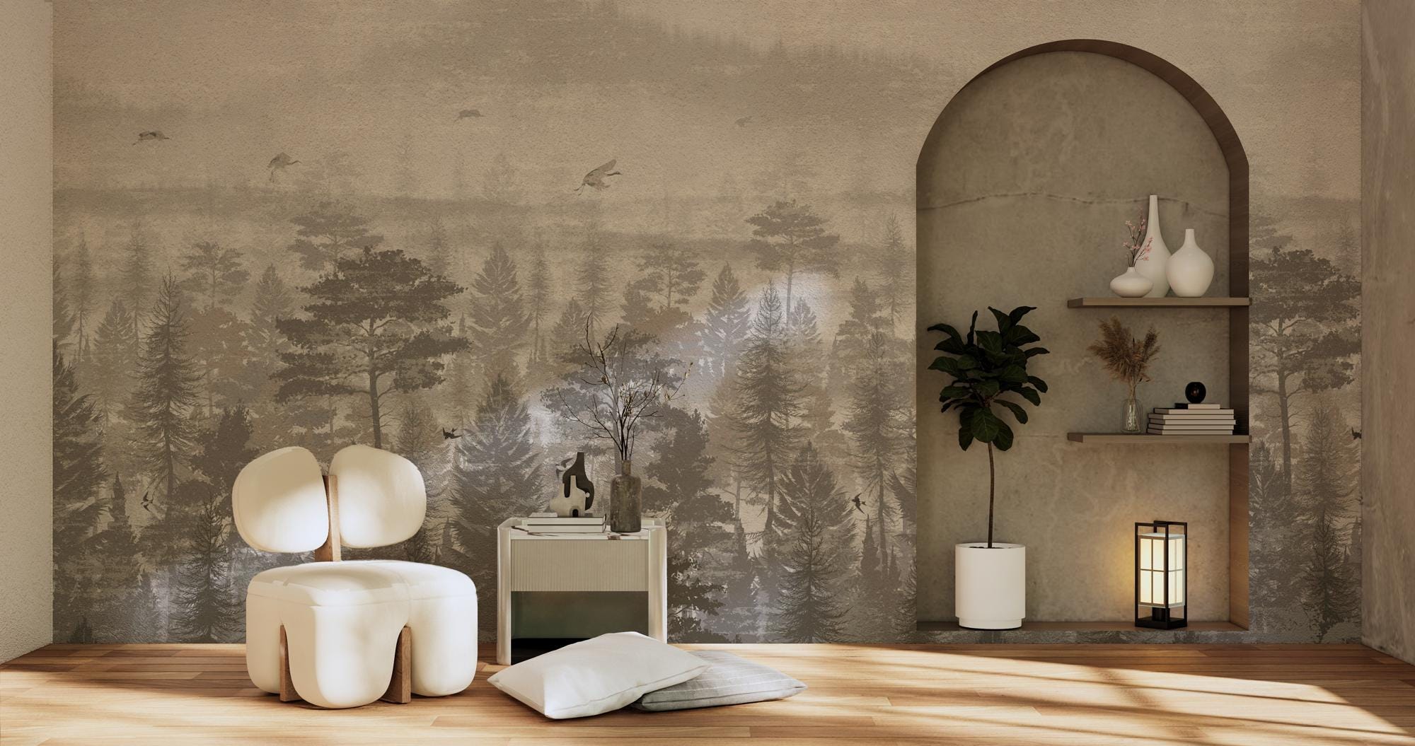 Foggy Forest Wall Mural: Vintage Tree Landscape Removable Wallpaper - View 2