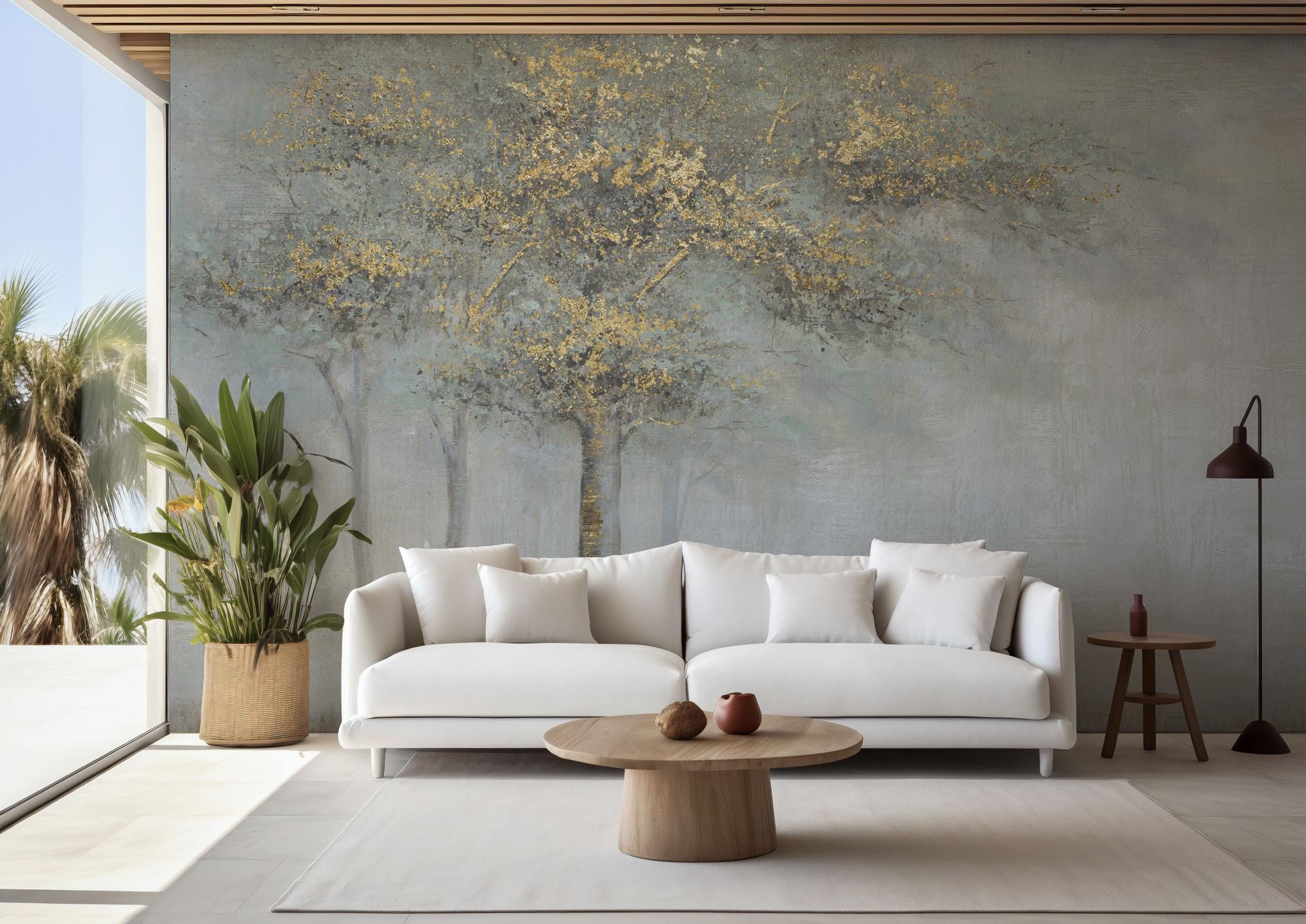 Gold Tree Landscape Wallpaper: Luxe Neutral Forest Wall Mural, Peel & Stick - View 3