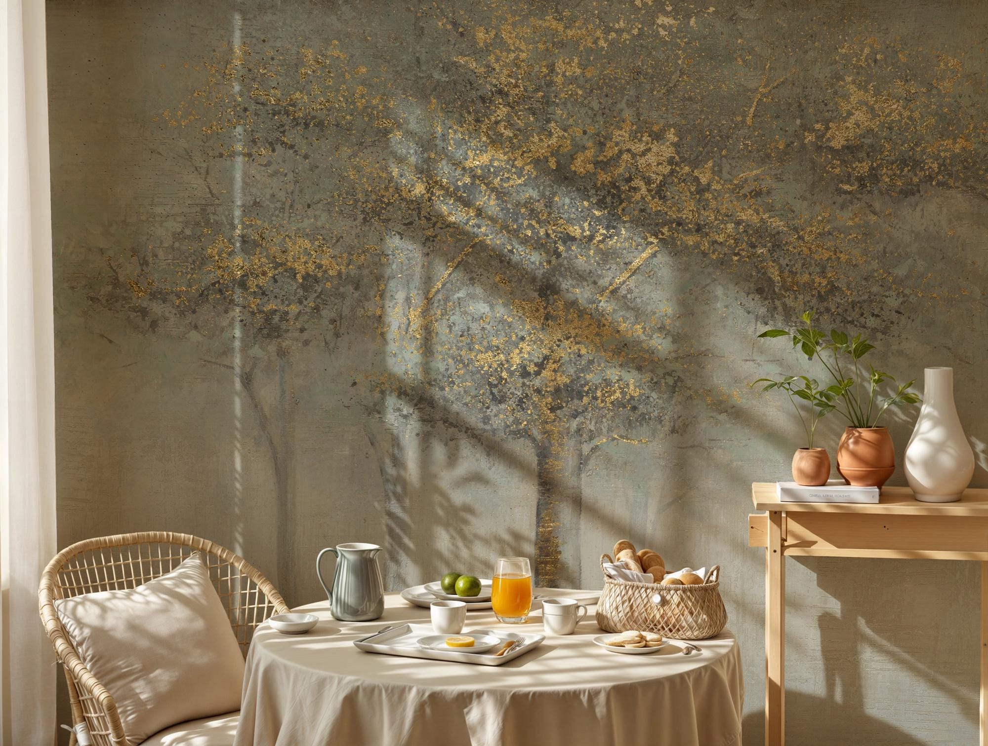 Gold Tree Landscape Wallpaper: Luxe Neutral Forest Wall Mural, Peel & Stick