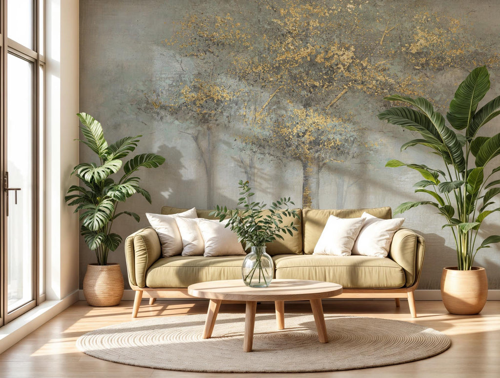 Gold Tree Landscape Wallpaper: Luxe Neutral Forest Wall Mural, Peel & Stick - View 2