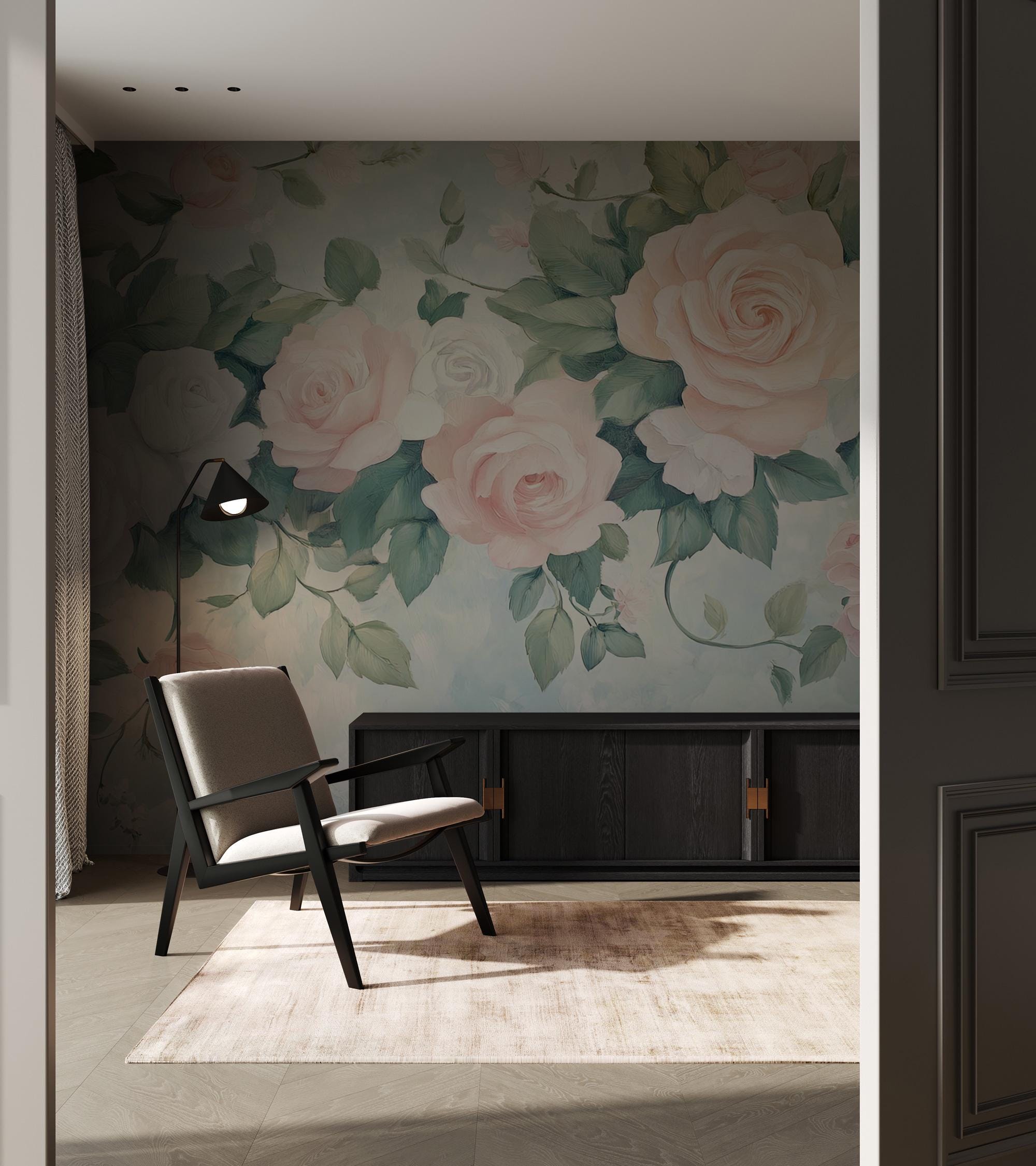 Watercolor Rose Peel and Stick Wallpaper: Blush Floral Wall Mural, Cottagecore Decor - View 3