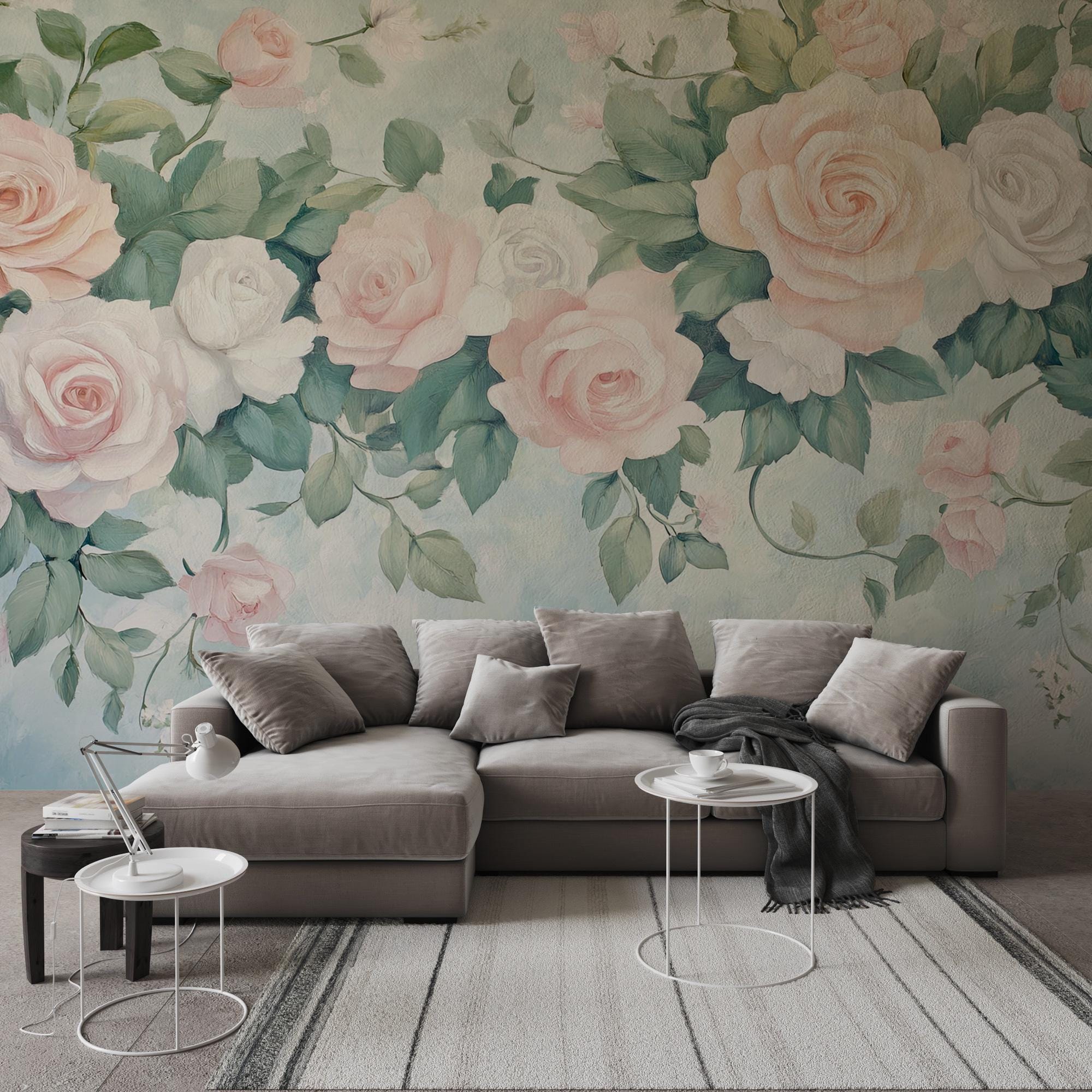 Watercolor Rose Peel and Stick Wallpaper: Blush Floral Wall Mural, Cottagecore Decor