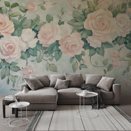 Watercolor Rose Peel and Stick Wallpaper: Blush Floral Wall Mural, Cottagecore Decor