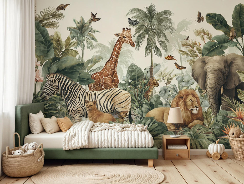 Safari Nursery Wallpaper: Peel and Stick Jungle Animals Wall Mural - View 4