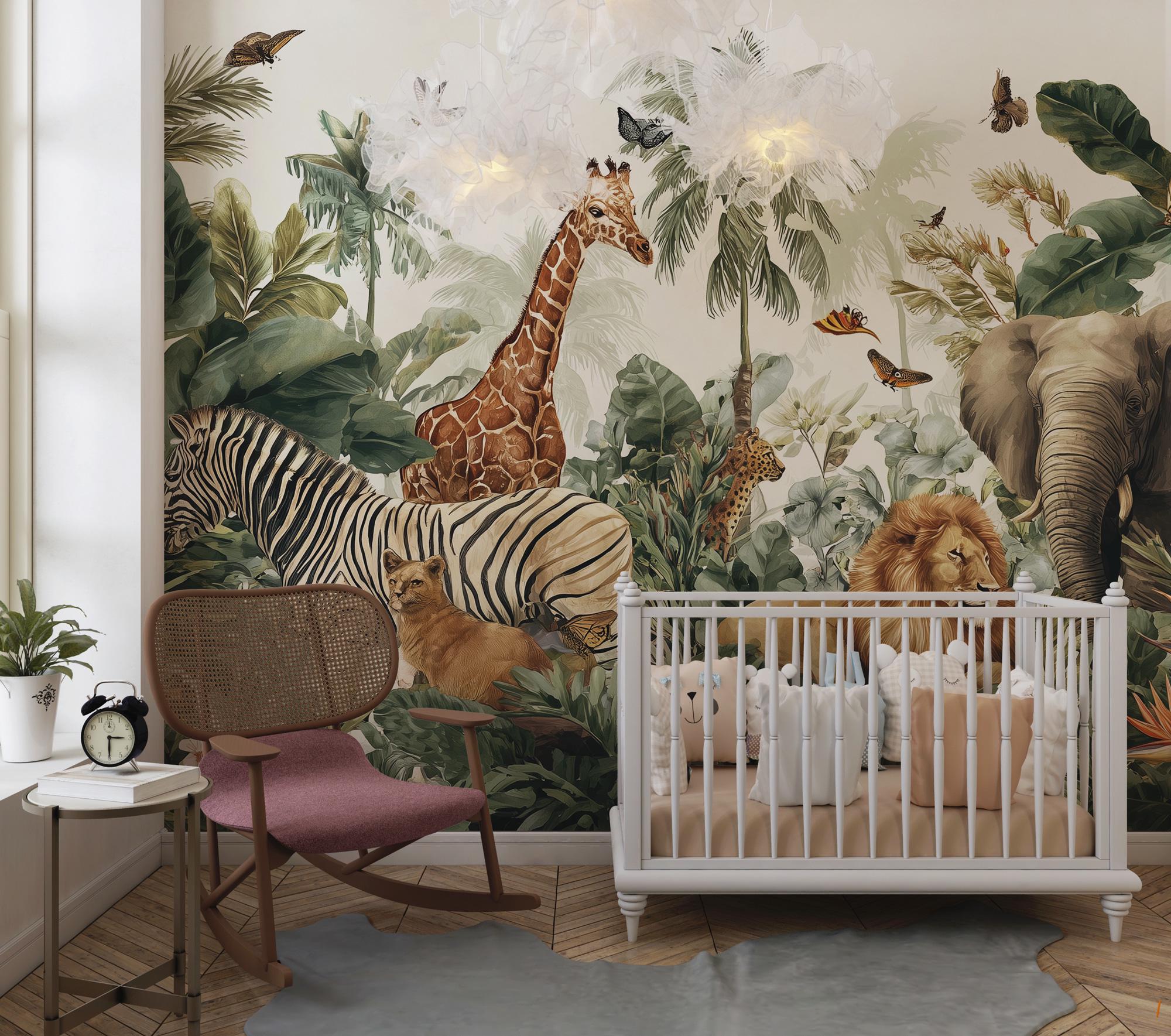 Safari Nursery Wallpaper: Peel and Stick Jungle Animals Wall Mural - View 5