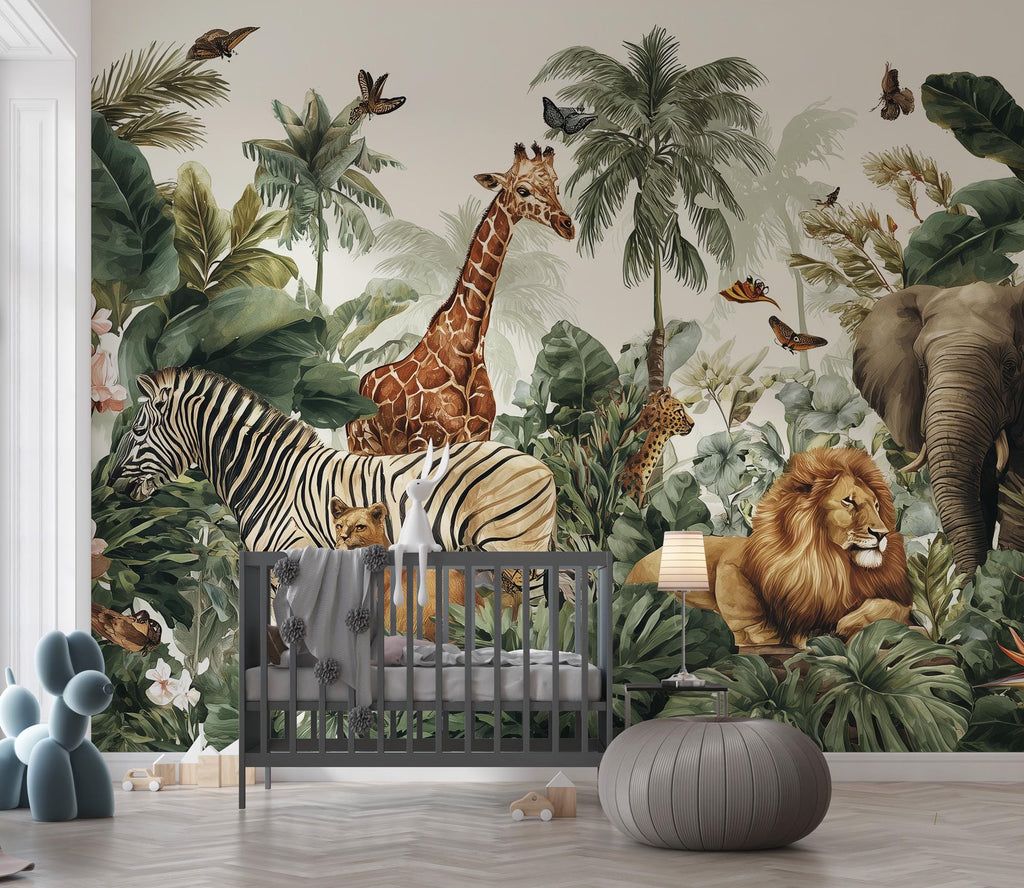 Safari Nursery Wallpaper: Peel and Stick Jungle Animals Wall Mural - View 3
