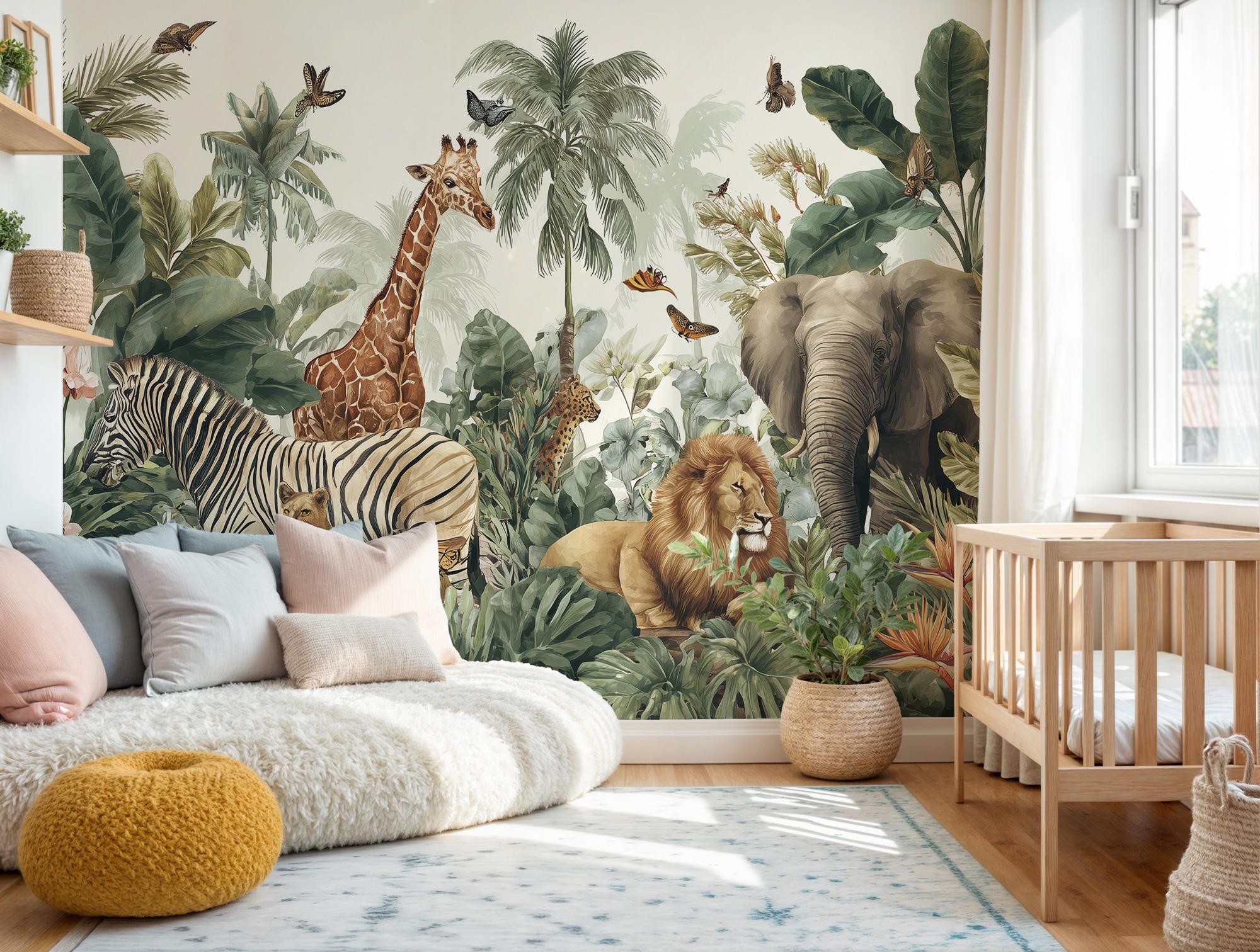 Safari Nursery Wallpaper: Peel and Stick Jungle Animals Wall Mural - View 2