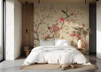 Beige Chinoiserie Blossom Bird Wallpaper, Custom Sakura Wall Mural, Peel and Stick - View 5
