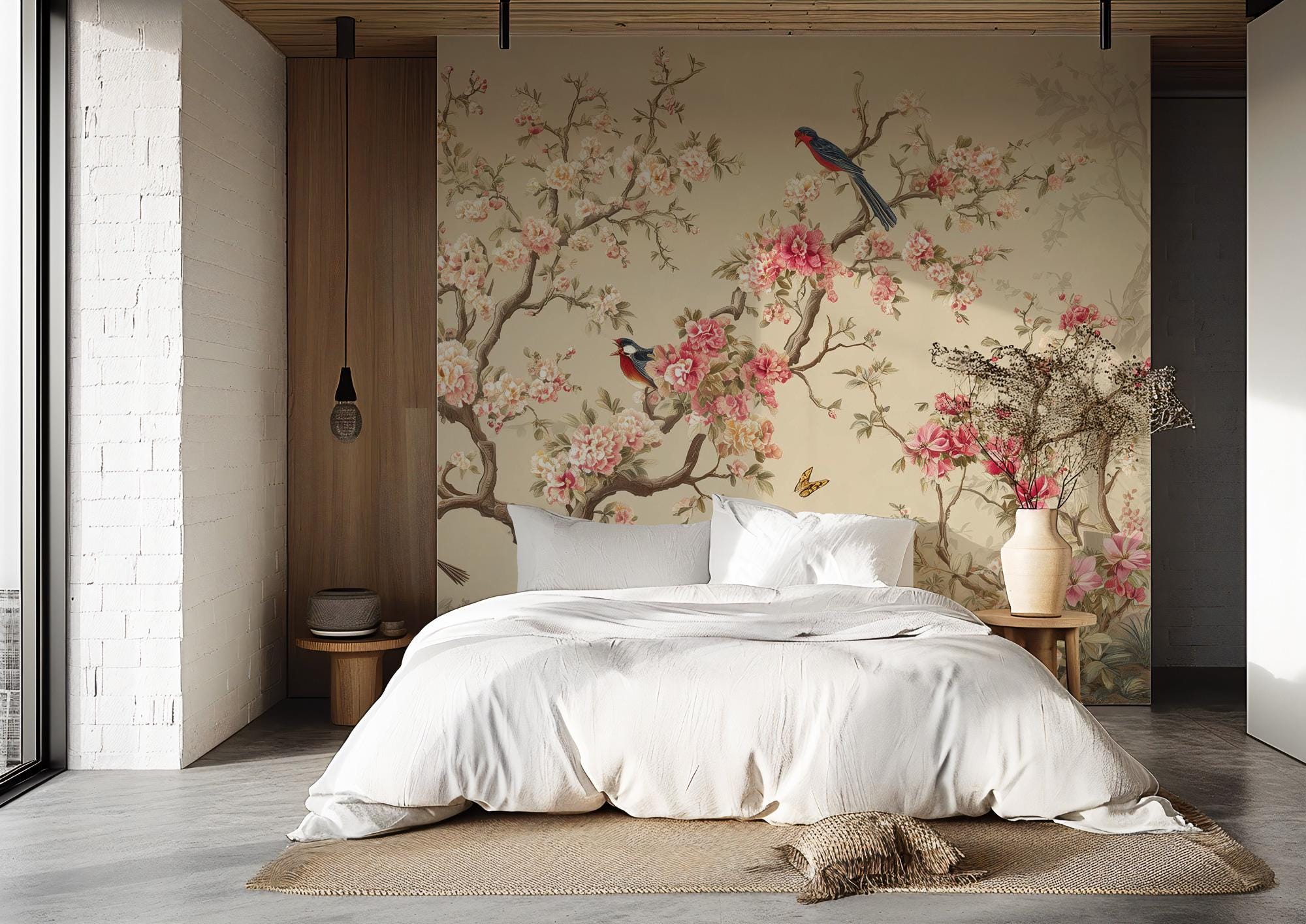 Beige Chinoiserie Blossom Bird Wallpaper, Custom Sakura Wall Mural, Peel and Stick - View 5