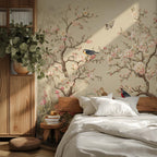 Beige Chinoiserie Blossom Bird Wallpaper, Custom Sakura Wall Mural, Peel and Stick - View 2