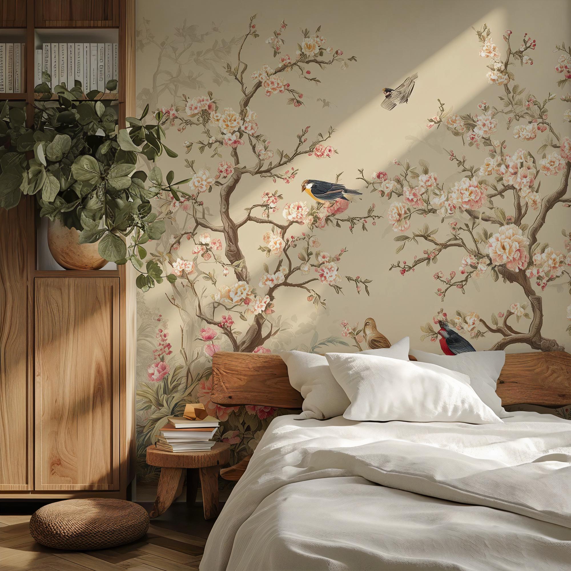 Beige Chinoiserie Blossom Bird Wallpaper, Custom Sakura Wall Mural, Peel and Stick - View 2