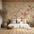 Beige Chinoiserie Blossom Bird Wallpaper, Custom Sakura Wall Mural, Peel and Stick