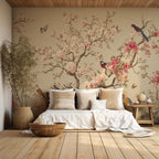 Beige Chinoiserie Blossom Bird Wallpaper, Custom Sakura Wall Mural, Peel and Stick