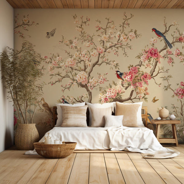 Beige Chinoiserie Blossom Bird Wallpaper, Custom Sakura Wall Mural, Peel and Stick