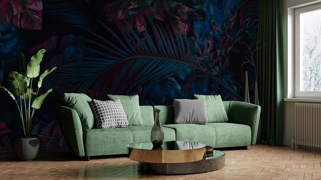 Midnight Teal Fuchsia Jungle Peel and Stick Wallpaper, Custom Sizes Tropical Leaves Wall Mural - View 5