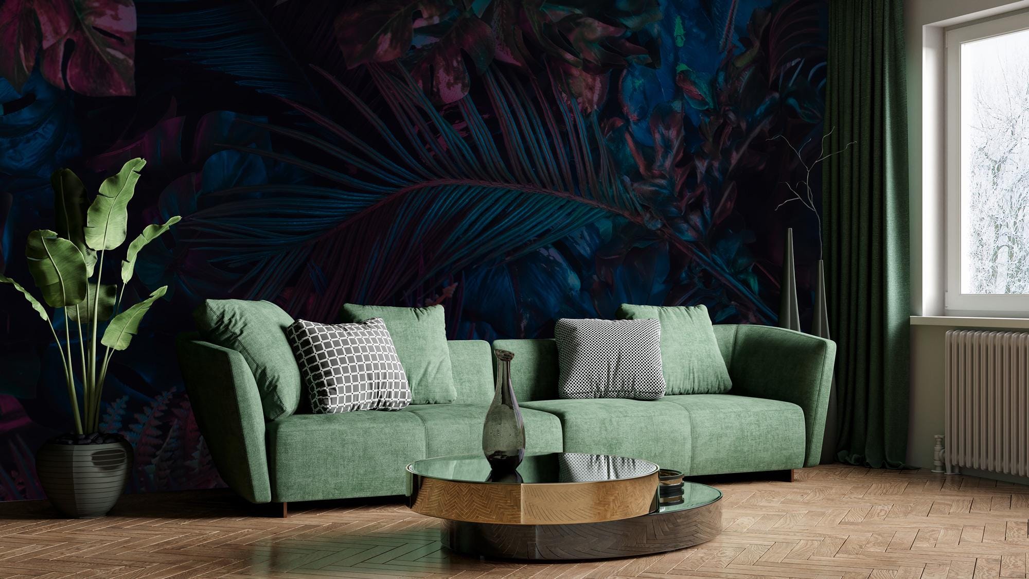 Midnight Teal Fuchsia Jungle Peel and Stick Wallpaper, Custom Sizes Tropical Leaves Wall Mural - View 5