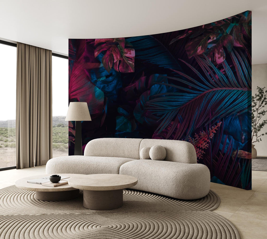 Midnight Teal Fuchsia Jungle Peel and Stick Wallpaper, Custom Sizes Tropical Leaves Wall Mural - View 2
