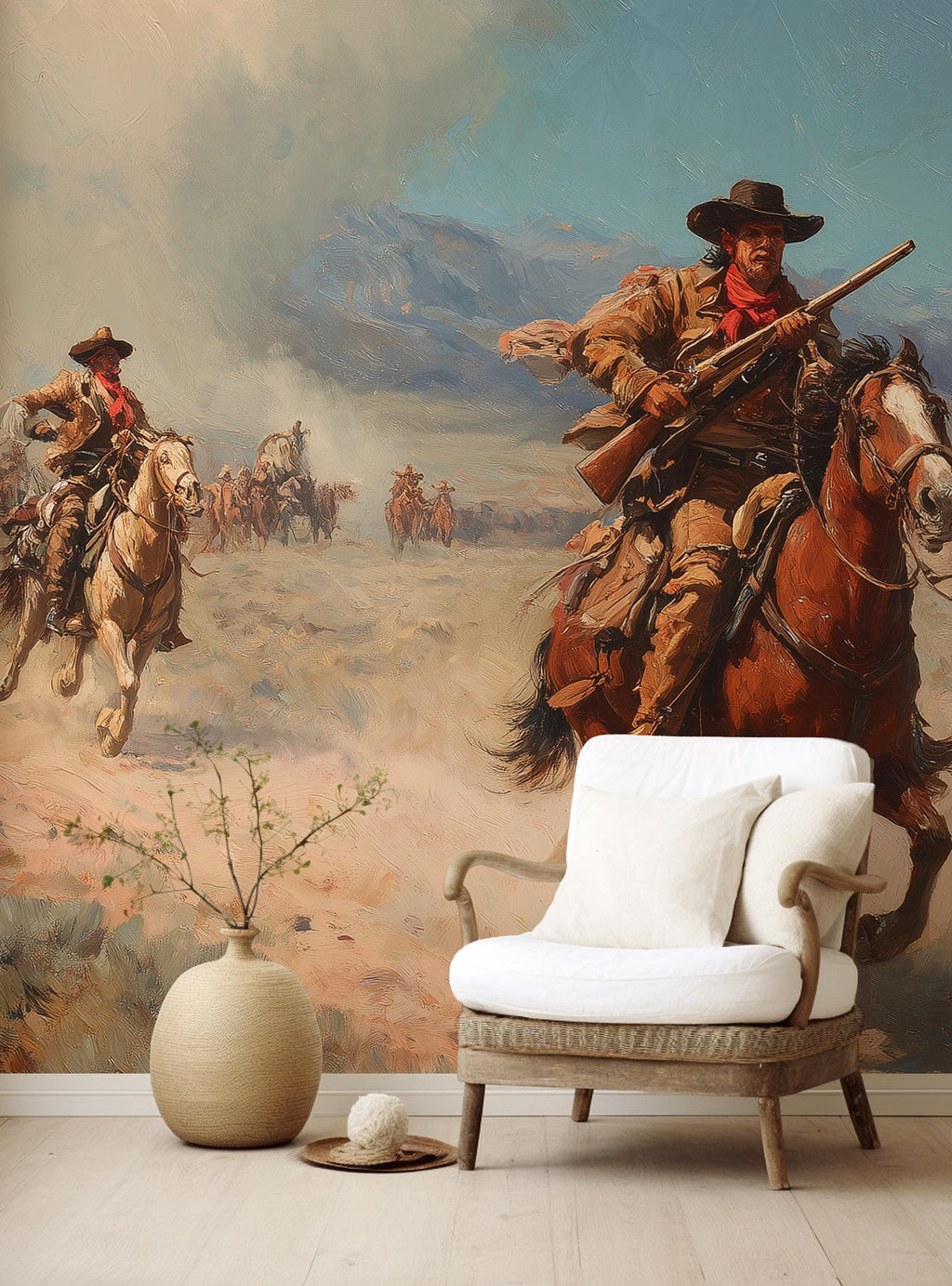 Warm Desert Western Cowboy Landscape Peel and Stick Wallpaper, Custom Size Wall Mural - View 4