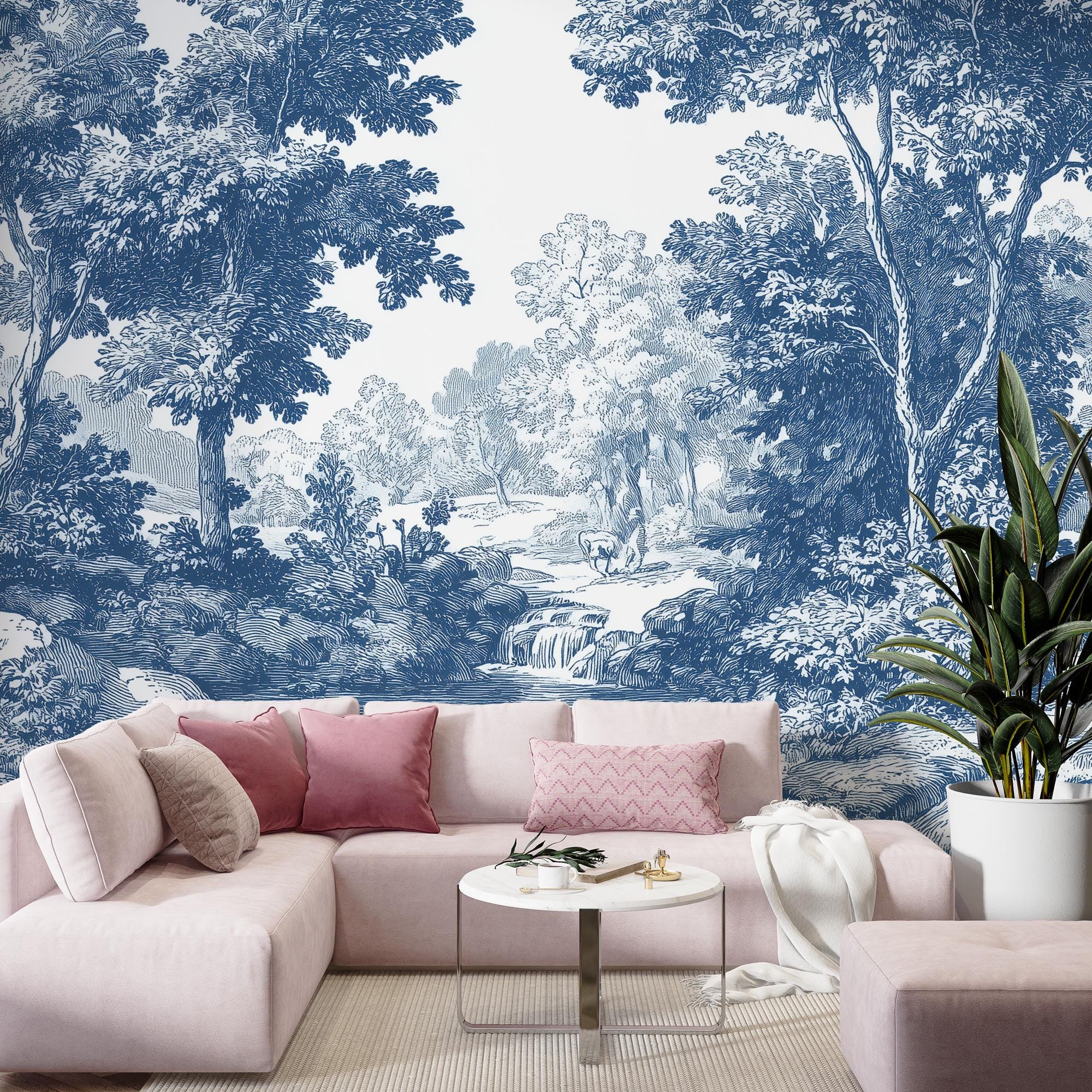 Blue Toile de Jouy Wallpaper Mural: Vintage Pastoral Scene, Custom Size, Peel & Stick - View 2