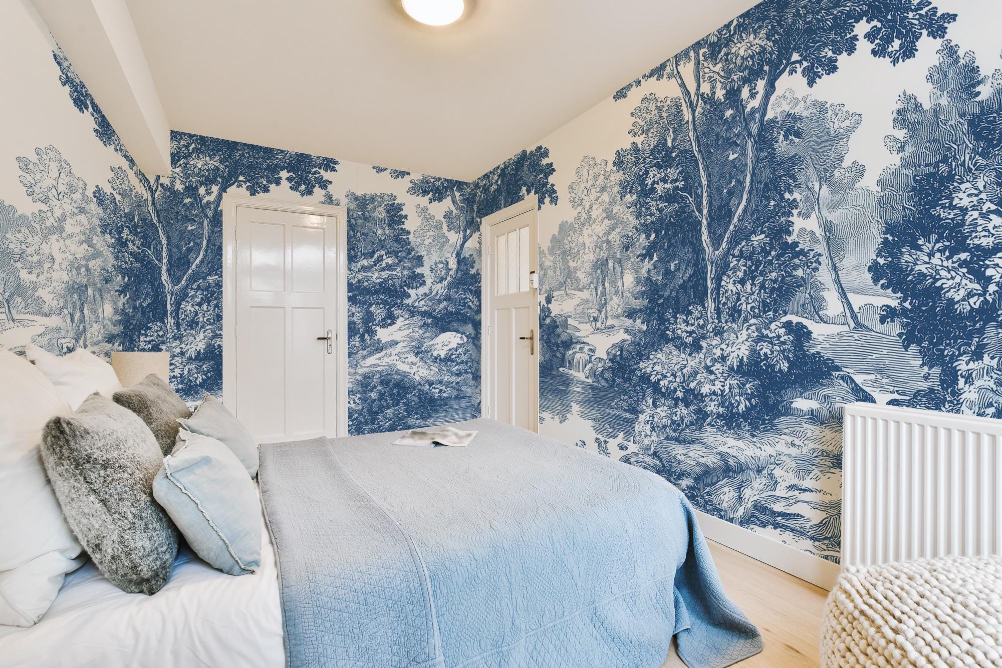 Blue Toile de Jouy Wallpaper Mural: Vintage Pastoral Scene, Custom Size, Peel & Stick - View 3