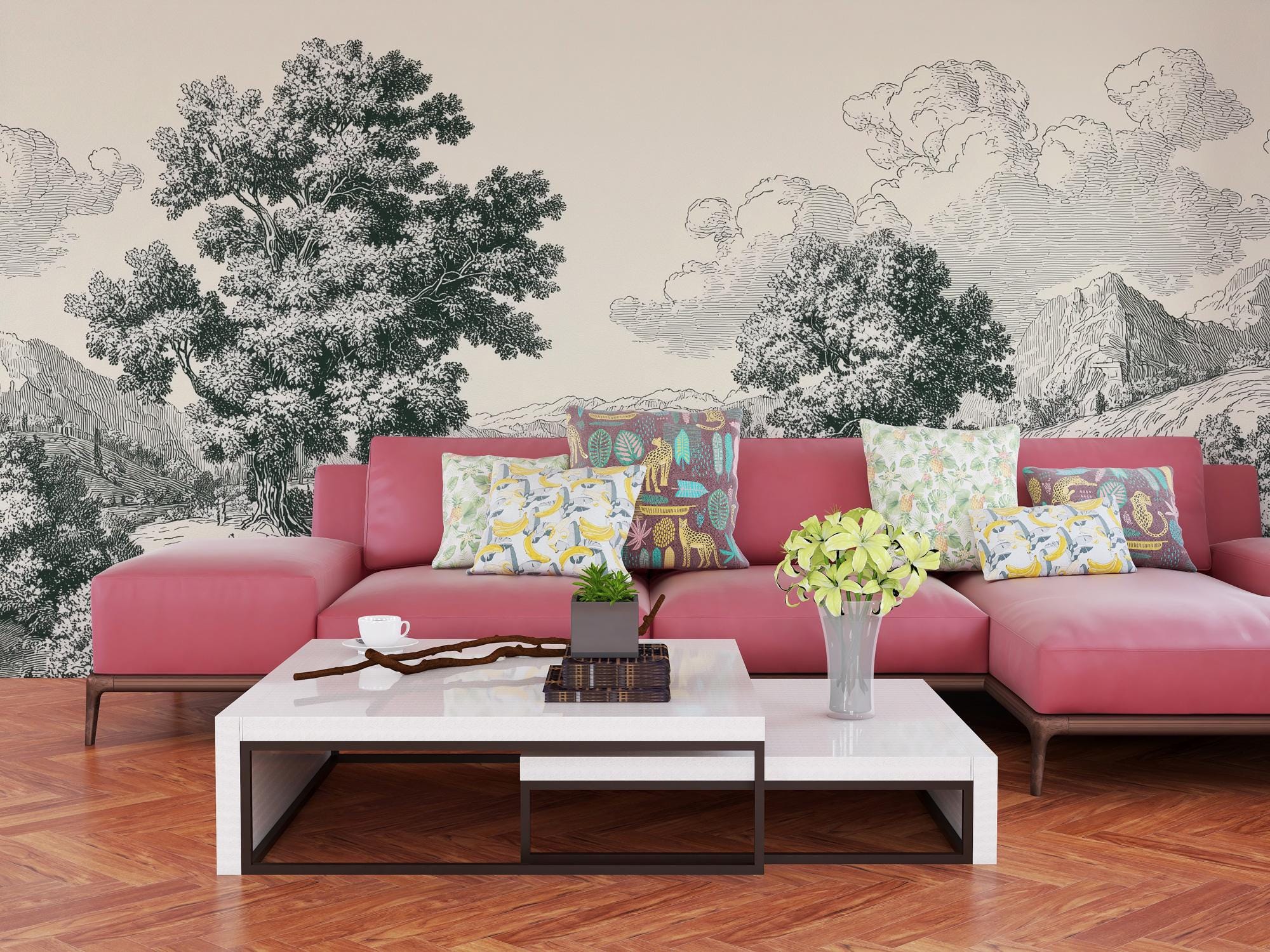 Vintage Pastoral Landscape Wallpaper, Gray Countryside Peel and Stick Wall Mural - View 5
