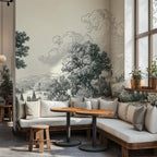 Vintage Pastoral Landscape Wallpaper, Gray Countryside Peel and Stick Wall Mural