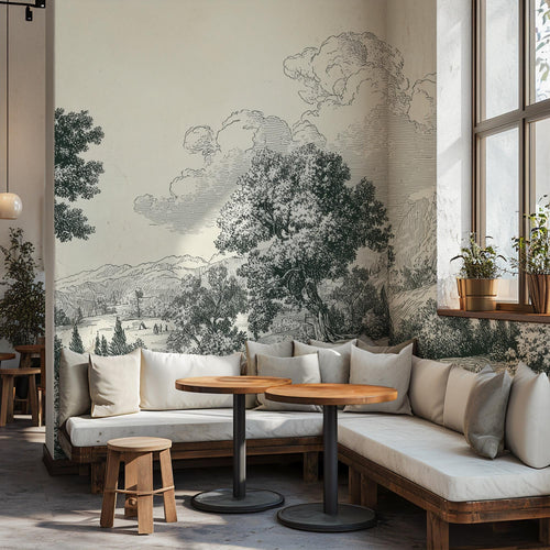 Vintage Pastoral Landscape Wallpaper, Gray Countryside Peel and Stick Wall Mural