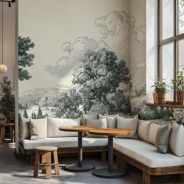 Vintage Pastoral Landscape Wallpaper, Gray Countryside Peel and Stick Wall Mural