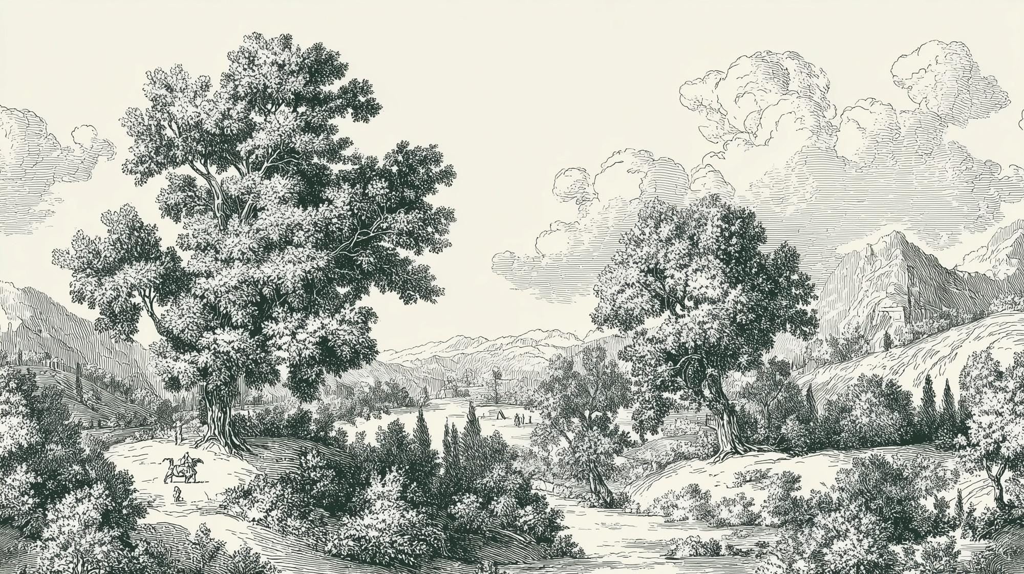 Vintage Pastoral Landscape Wallpaper, Gray Countryside Peel and Stick Wall Mural - View 6