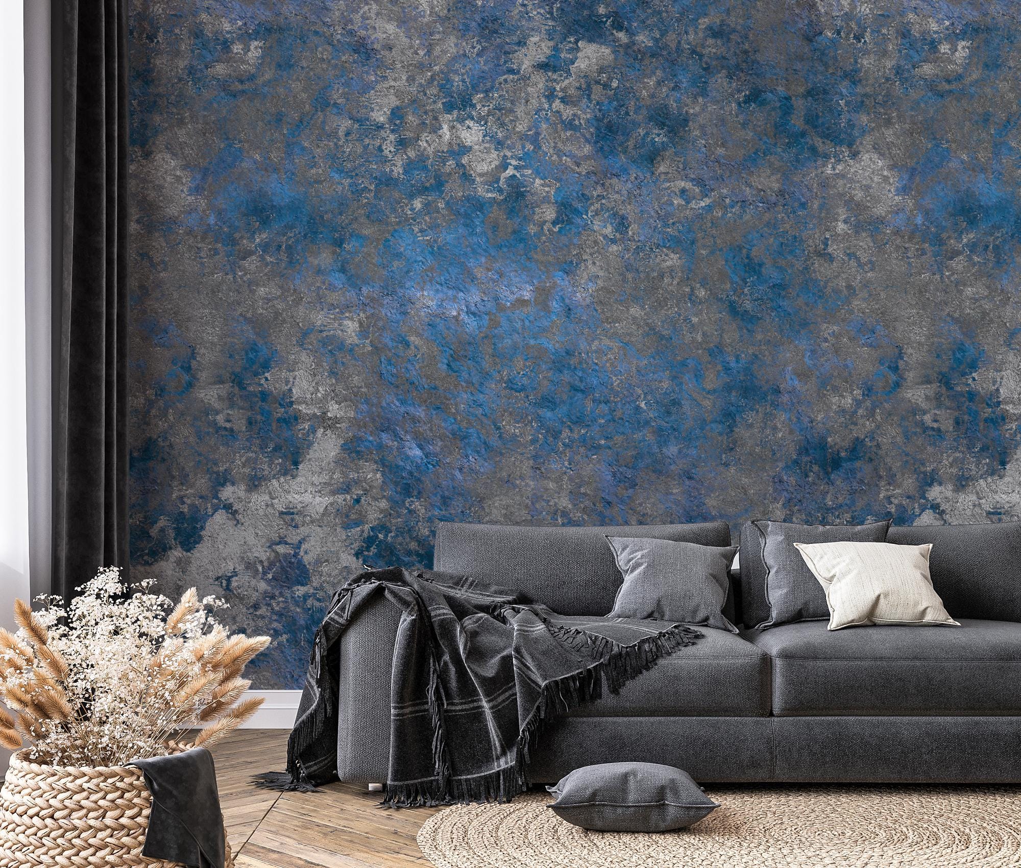 Blue Concrete Peel and Stick Wallpaper, Marble Mural - View 2