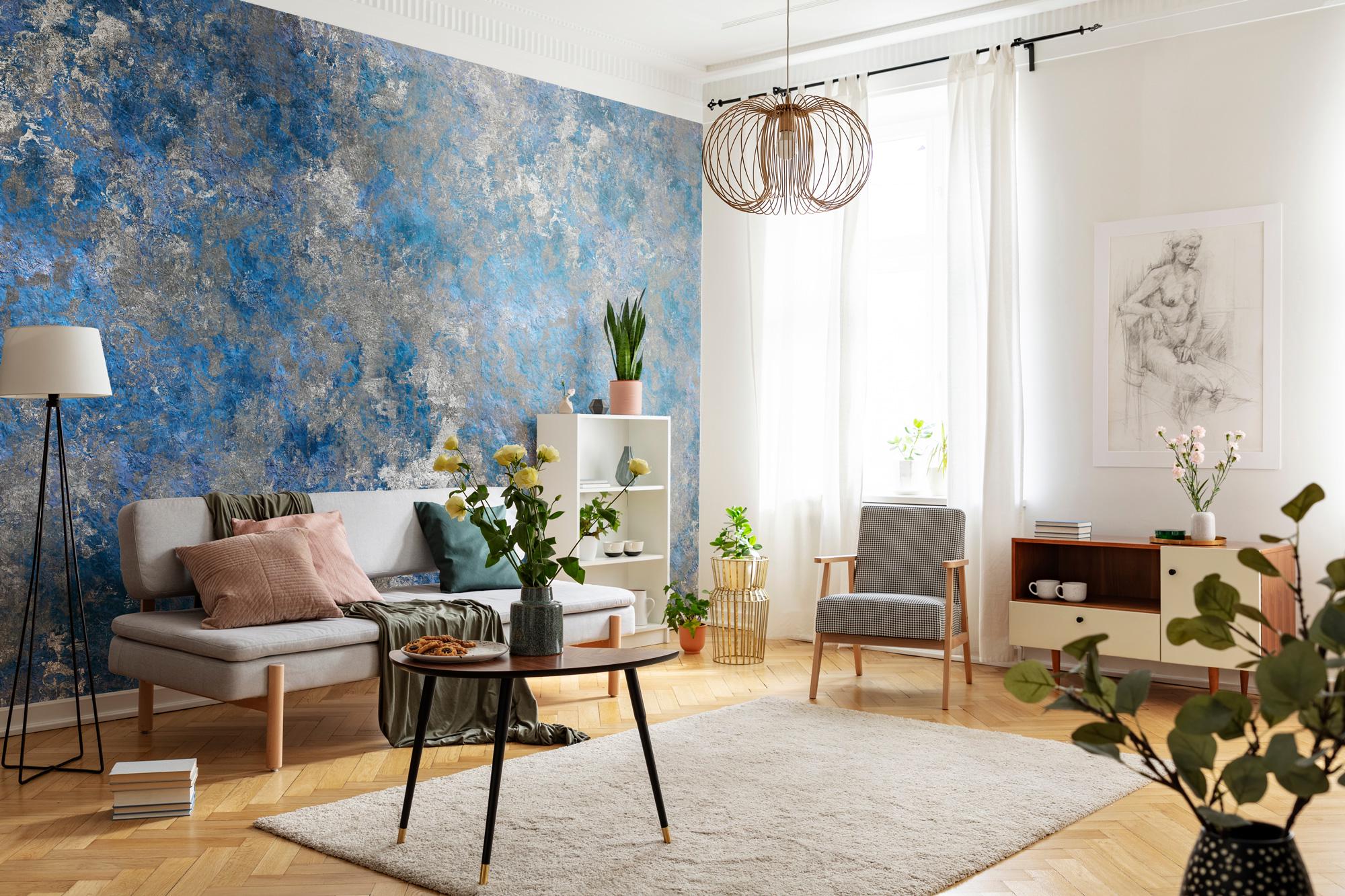 Blue Concrete Peel and Stick Wallpaper, Marble Mural - View 3