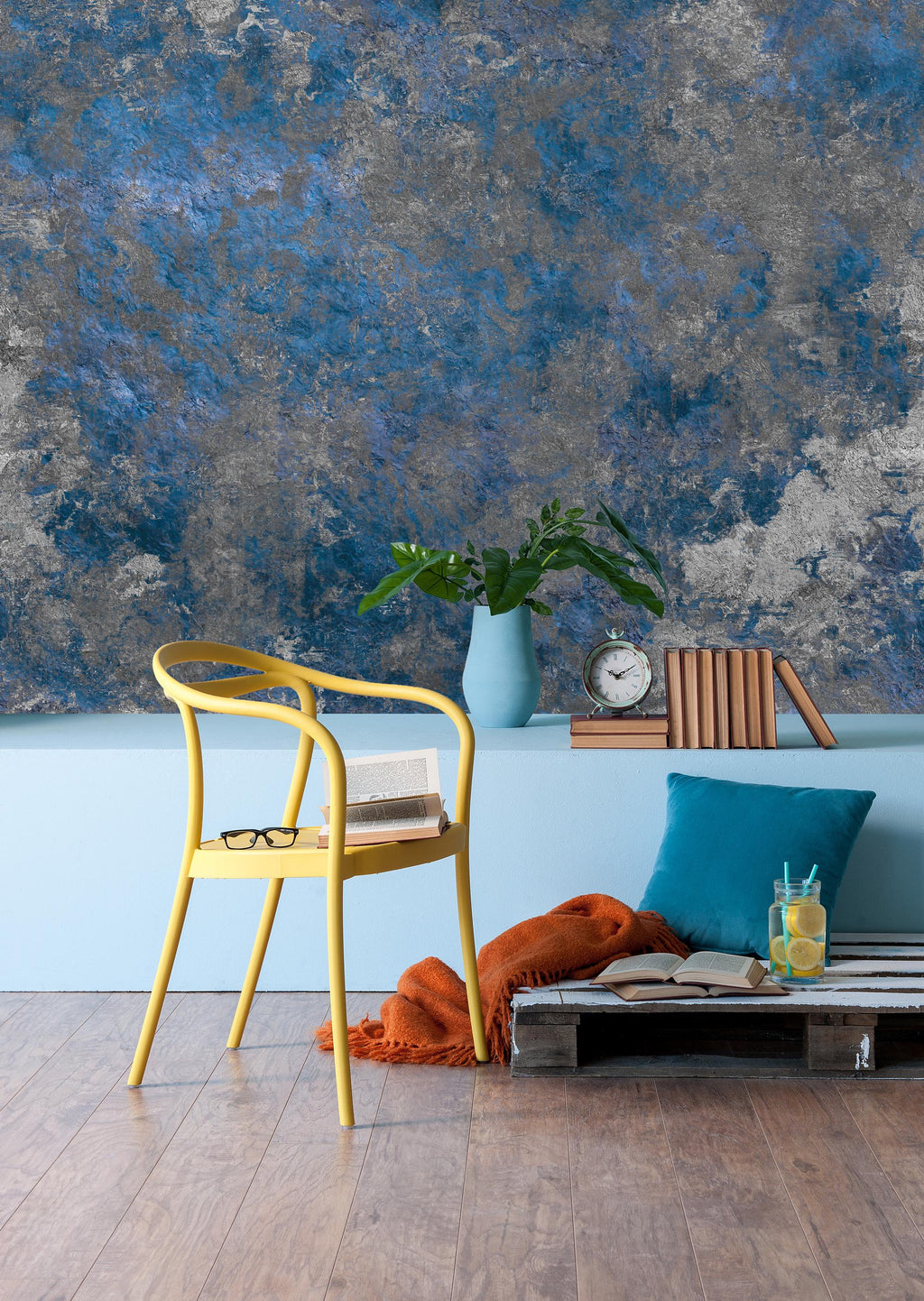 Blue Concrete Peel and Stick Wallpaper, Marble Mural - View 4