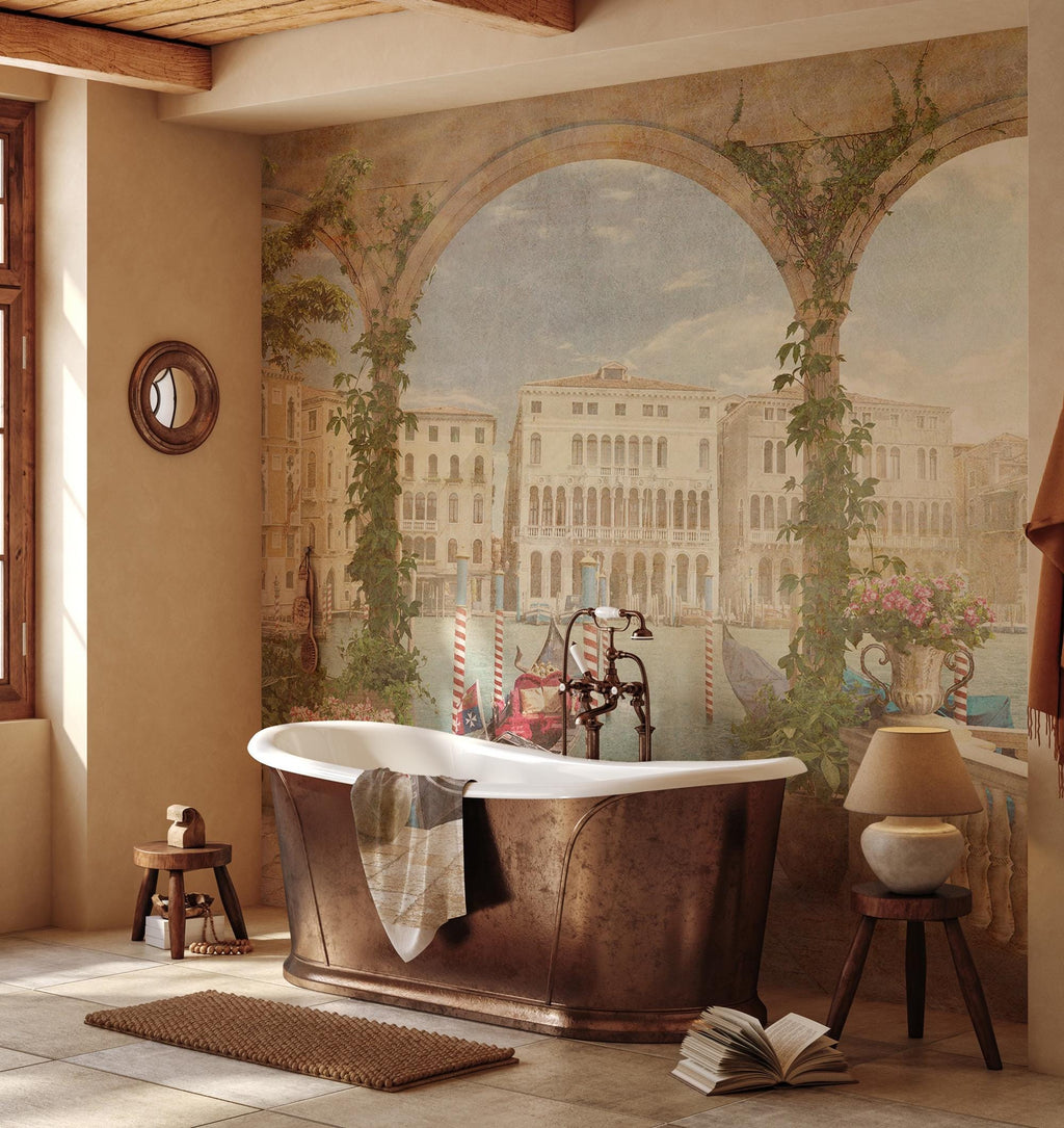 Vintage Landscape Wall Mural, Removable Italian Canal Wallpaper, Peel and Stick Wallpaper